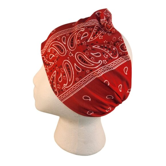 Red Paisley Knit Headwrap Hairband Soft Stretchy Headband Fabric Unisex Sweatban - Picture 2 of 7